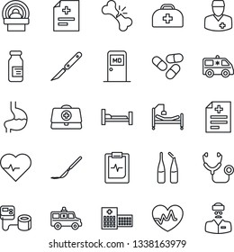 Thin Line Icon Set - medical room vector, heart pulse, doctor case, diagnosis, stethoscope, blood pressure, pills, ampoule, scalpel, tomography, ambulance car, hospital bed, stomach, broken bone