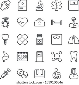 Thin Line Icon Set - medical room vector, heart pulse, doctor case, diagnosis, syringe, blood test vial, microscope, scales, pills, bottle, patch, ambulance star, hospital bed, disabled, stomach
