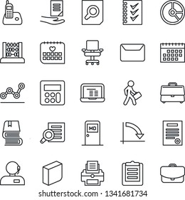 Thin Line Icon Set - medical room vector, document search, abacus, notebook pc, crisis graph, circle chart, calendar, clipboard, radio phone, calculator, case, office chair, blank box, support, book