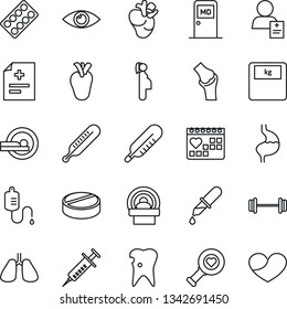 Thin Line Icon Set - medical room vector, diagnosis, syringe, dropper, thermometer, heart diagnostic, scales, pills, blister, tomography, barbell, stomach, lungs, real, caries, eye, joint, calendar