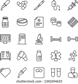 Thin Line Icon Set - medical room vector, heart, monitor pulse, diagnosis, syringe, blood pressure, test vial, dropper, microscope, scales, pills, bottle, blister, ampoule, scalpel, ambulance star