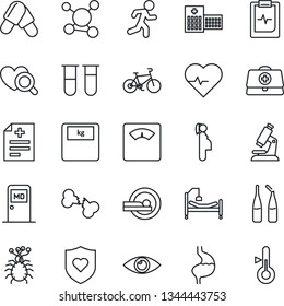 Thin Line Icon Set - medical room vector, heart pulse, doctor case, diagnosis, blood test vial, diagnostic, microscope, scales, pills, ampoule, tomography, bike, run, shield, hospital bed, stomach
