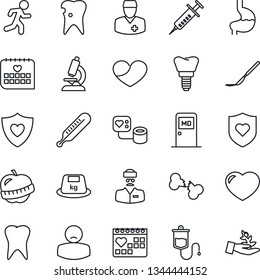 Thin Line Icon Set - medical room vector, syringe, blood pressure, dropper, thermometer, microscope, scalpel, run, heart shield, stomach, tooth, caries, implant, broken bone, calendar, diet, doctor