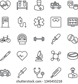 Thin Line Icon Set - medical room vector, heart pulse, monitor, molecule, stethoscope, blood pressure, test vial, dropper, thermometer, microscope, scales, pills, scalpel, tomography, ambulance star