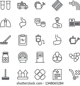 Thin Line Icon Set - medical room vector, rake, watering can, diagnosis, blood pressure, test vial, dropper, pills, bottle, blister, patch, tomography, ambulance car, stomach, lungs, pulse clipboard