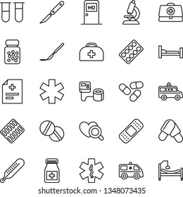 Thin Line Icon Set - medical room vector, doctor case, diagnosis, blood pressure, test vial, thermometer, heart diagnostic, microscope, pills, bottle, blister, scalpel, patch, ambulance star, car