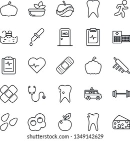 Thin Line Icon Set - medical room vector, pumpkin, seeds, heart pulse, stethoscope, dropper, patch, ambulance car, barbell, run, tooth, caries, clipboard, diet, hospital, pool, salad, rolling pin