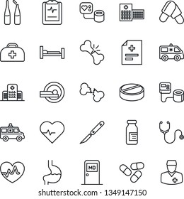 Thin Line Icon Set - medical room vector, heart pulse, doctor case, diagnosis, stethoscope, blood pressure, pills, ampoule, scalpel, tomography, ambulance car, hospital bed, stomach, broken bone