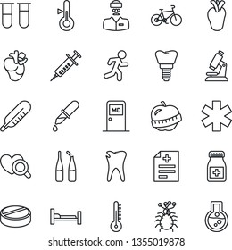 Thin Line Icon Set - medical room vector, diagnosis, syringe, blood test vial, dropper, thermometer, heart diagnostic, microscope, pills, bottle, ampoule, ambulance star, bike, run, hospital bed
