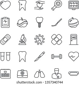 Thin Line Icon Set - medical room vector, heart pulse, monitor, doctor case, blood test vial, diagnostic, microscope, scalpel, patch, barbell, hand, lungs, tooth, caries, implant, calendar, diet