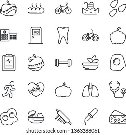 Thin Line Icon Set - medical room vector, pumpkin, seeds, heart pulse, stethoscope, dropper, barbell, bike, run, lungs, tooth, clipboard, diet, hospital, pool, salad, bread, rolling pin, omelette