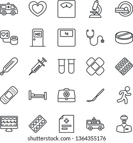 Thin Line Icon Set - medical room vector, heart, monitor pulse, doctor case, diagnosis, stethoscope, syringe, blood pressure, test vial, thermometer, microscope, scales, pills, blister, scalpel, run