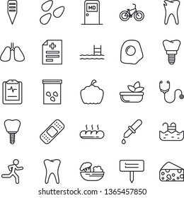 Thin Line Icon Set - medical room vector, plant label, pumpkin, seeds, diagnosis, stethoscope, dropper, patch, bike, run, lungs, tooth, caries, implant, pulse clipboard, pool, salad, bread, omelette