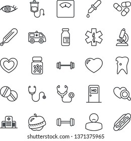 Thin Line Icon Set - medical room vector, heart, stethoscope, dropper, thermometer, diagnostic, microscope, scales, pills, bottle, ampoule, ambulance star, car, barbell, caries, eye, diet, hospital