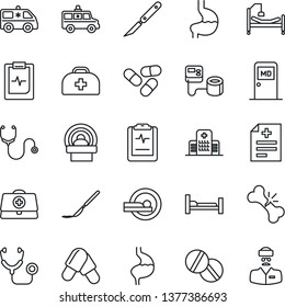 Thin Line Icon Set - medical room vector, doctor case, diagnosis, stethoscope, blood pressure, pills, scalpel, tomography, ambulance car, hospital bed, stomach, broken bone, pulse clipboard