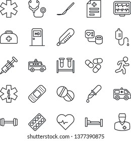 Thin Line Icon Set - medical room vector, heart pulse, monitor, doctor case, diagnosis, stethoscope, syringe, blood pressure, test vial, dropper, thermometer, pills, blister, scalpel, patch, car