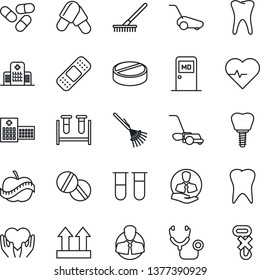 Thin Line Icon Set - medical room vector, rake, lawn mower, heart pulse, stethoscope, blood test vial, pills, patch, hand, tooth, implant, diet, hospital, client, up side sign, no hook