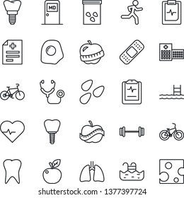 Thin Line Icon Set - medical room vector, seeds, heart pulse, diagnosis, stethoscope, patch, barbell, bike, run, lungs, tooth, implant, clipboard, diet, hospital, pool, omelette, apple fruit, cheese