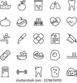 Thin Line Icon Set - medical room vector, pumpkin, seeds, heart pulse, diagnosis, dropper, patch, barbell, run, lungs, tooth, caries, diet, hospital, pool, salad, bread, rolling pin, omelette
