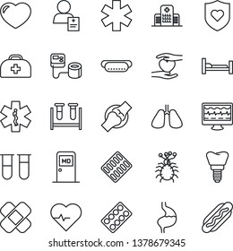 Thin Line Icon Set - medical room vector, heart pulse, monitor, doctor case, blood pressure, test vial, pills blister, patch, ambulance star, shield, hospital bed, hand, stomach, lungs, implant