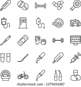 Thin Line Icon Set - medical room vector, monitor pulse, syringe, blood pressure, test vial, dropper, thermometer, heart diagnostic, pills, ampoule, scalpel, patch, tomography, ambulance car, bike