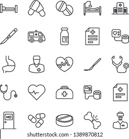 Thin Line Icon Set - medical room vector, heart pulse, doctor case, diagnosis, stethoscope, blood pressure, pills, ampoule, scalpel, ambulance car, hospital bed, stomach, broken bone