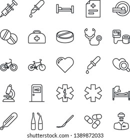 Thin Line Icon Set - medical room vector, heart, doctor case, diagnosis, stethoscope, syringe, blood pressure, dropper, thermometer, diagnostic, microscope, pills, ampoule, scalpel, tomography, bike