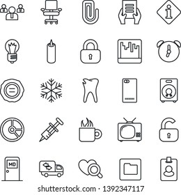 Thin Line Icon Set - medical room vector, team, document, bulb, circle chart, stamp, syringe, heart diagnostic, caries, speaker, phone back, alarm, scanner, folder, paper clip, office chair, lock