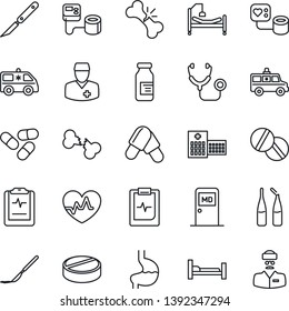 Thin Line Icon Set - medical room vector, heart pulse, stethoscope, blood pressure, pills, ampoule, scalpel, ambulance car, hospital bed, stomach, broken bone, clipboard, doctor