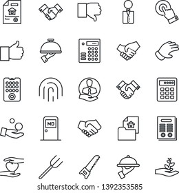 Thin Line Icon Set - medical room vector, handshake, farm fork, glove, saw, heart hand, client, touch screen, finger up, down, fingerprint id, contract, estate document, waiter, remote control