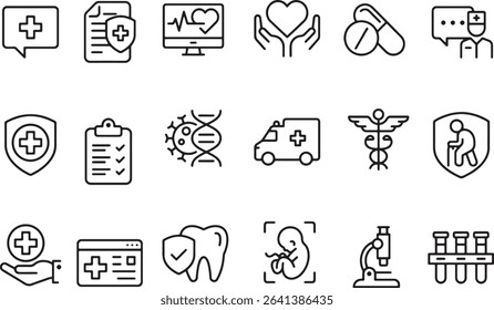 Thin line icon set of medical health healthcare. Symbol collection of healthcare hospital pharmacy wellness first aid patient elderly care. Pixel perfect icons editable stroke.	
