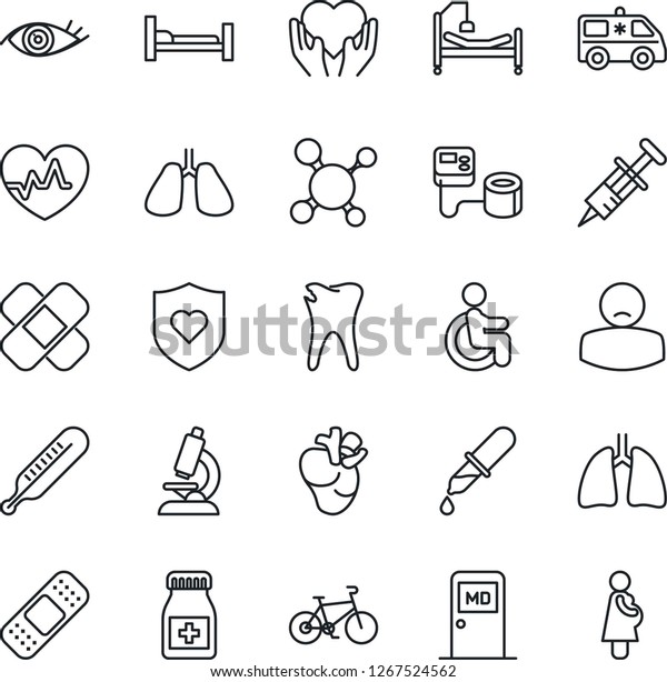 Thin Line Icon Set - medical room vector, heart\
pulse, molecule, syringe, blood pressure, dropper, thermometer,\
microscope, pills bottle, patch, ambulance car, bike, shield,\
hospital bed, disabled