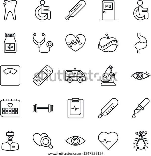Thin Line Icon Set - medical room vector, heart\
pulse, stethoscope, dropper, thermometer, diagnostic, microscope,\
scales, pills bottle, patch, ambulance car, barbell, disabled,\
stomach, caries, eye
