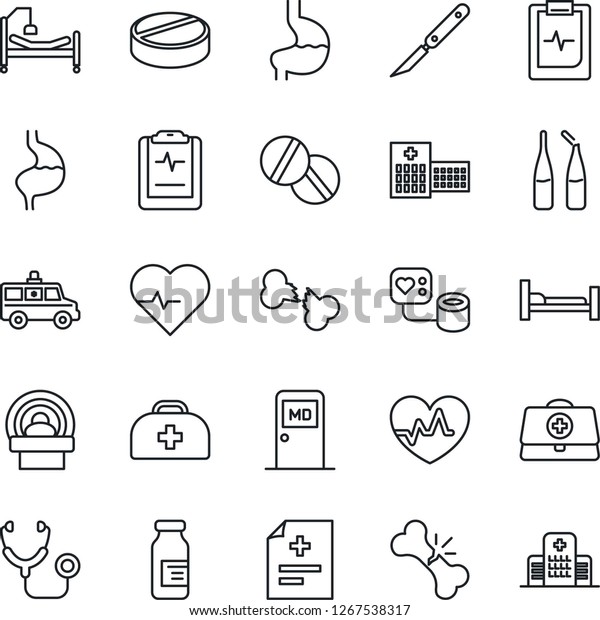 Thin Line Icon Set - medical room vector, heart\
pulse, doctor case, diagnosis, stethoscope, blood pressure, pills,\
ampoule, scalpel, tomography, ambulance car, hospital bed, stomach,\
broken bone