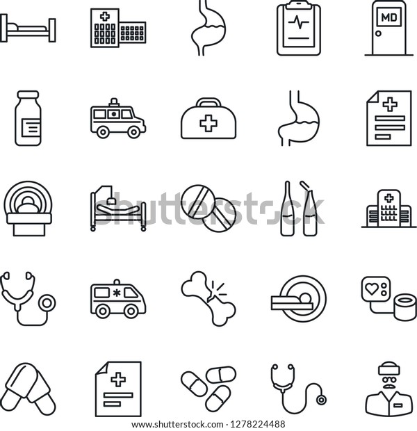 Thin Line Icon Set - medical room vector,\
doctor case, diagnosis, stethoscope, blood pressure, pills,\
ampoule, tomography, ambulance car, hospital bed, stomach, broken\
bone, pulse clipboard