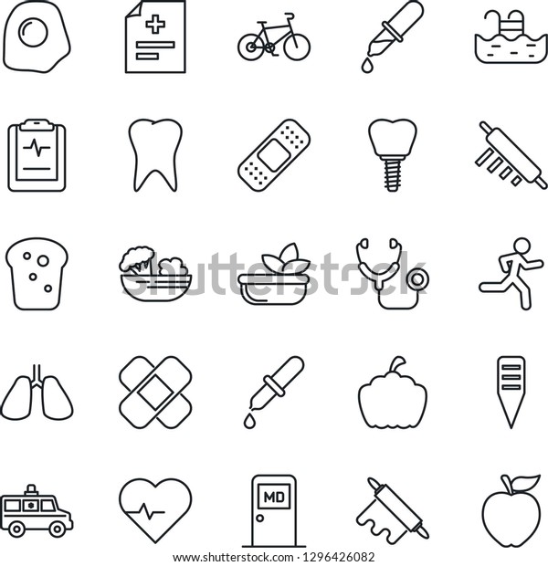 Thin Line Icon Set - medical room vector, plant
label, pumpkin, heart pulse, diagnosis, stethoscope, dropper,
patch, ambulance car, bike, run, lungs, tooth, implant, clipboard,
pool, salad, bread