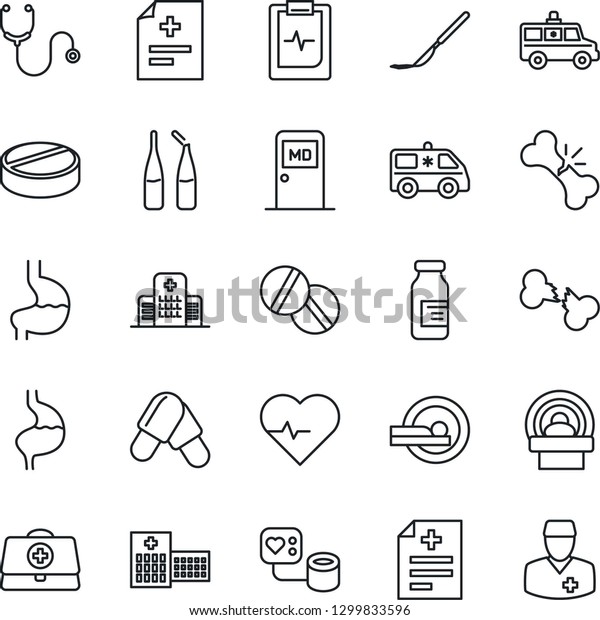 Thin Line Icon Set - medical room vector, heart\
pulse, doctor case, diagnosis, stethoscope, blood pressure, pills,\
ampoule, scalpel, tomography, ambulance car, stomach, broken bone,\
clipboard