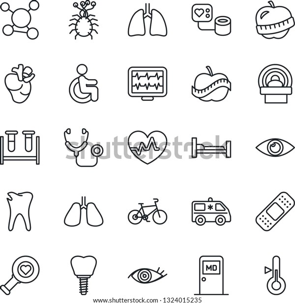 Thin Line Icon Set - medical room vector, heart\
pulse, monitor, stethoscope, blood pressure, test vial, diagnostic,\
patch, tomography, ambulance car, bike, hospital bed, disabled,\
lungs, real, eye