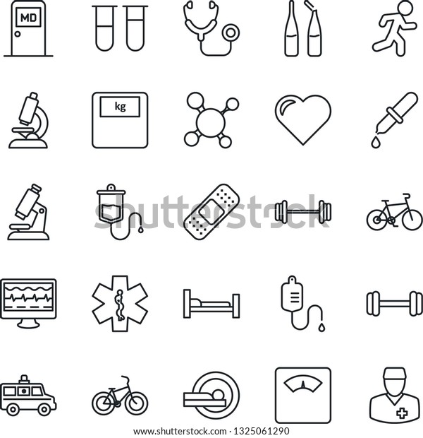 Thin Line Icon Set - medical room vector, heart,\
monitor pulse, molecule, stethoscope, blood test vial, dropper,\
microscope, scales, ampoule, patch, tomography, ambulance star,\
car, barbell, bike