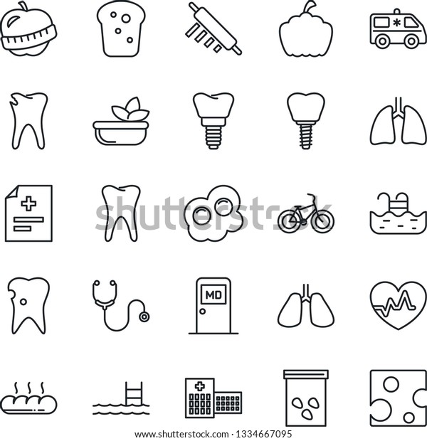 Thin Line Icon Set - medical room vector, pumpkin,\
seeds, heart pulse, diagnosis, stethoscope, ambulance car, bike,\
lungs, tooth, caries, implant, diet, hospital, pool, salad, bread,\
rolling pin