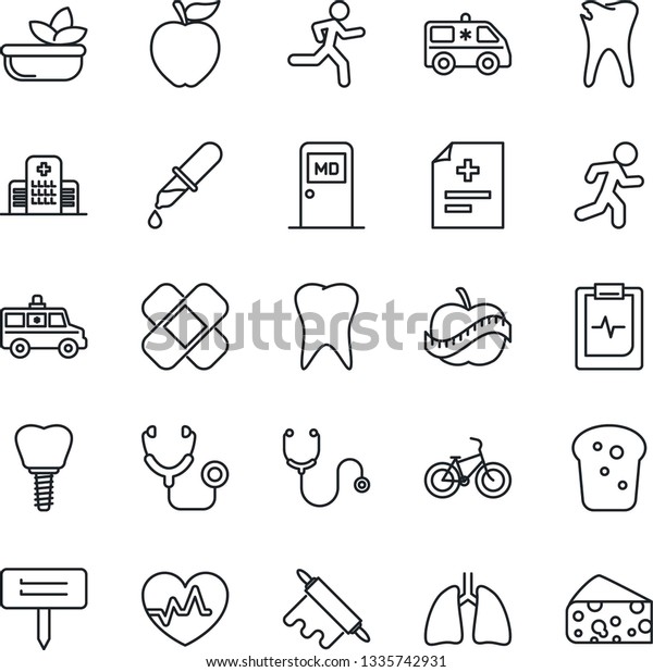 Thin Line Icon Set - medical room vector, plant\
label, heart pulse, diagnosis, stethoscope, dropper, patch,\
ambulance car, bike, run, lungs, tooth, caries, implant, clipboard,\
diet, hospital, salad