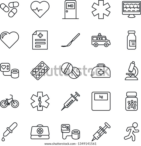 Thin Line Icon Set - medical room vector, heart,
pulse, monitor, doctor case, diagnosis, syringe, blood pressure,
dropper, microscope, scales, pills, bottle, blister, ampoule,
scalpel, car, bike