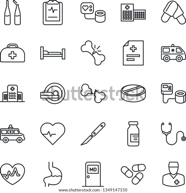 Thin Line Icon Set - medical room vector, heart\
pulse, doctor case, diagnosis, stethoscope, blood pressure, pills,\
ampoule, scalpel, tomography, ambulance car, hospital bed, stomach,\
broken bone