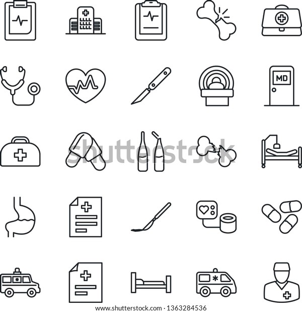 Thin Line Icon Set - medical room vector, heart
pulse, doctor case, diagnosis, stethoscope, blood pressure, pills,
ampoule, scalpel, tomography, ambulance car, hospital bed, stomach,
broken bone