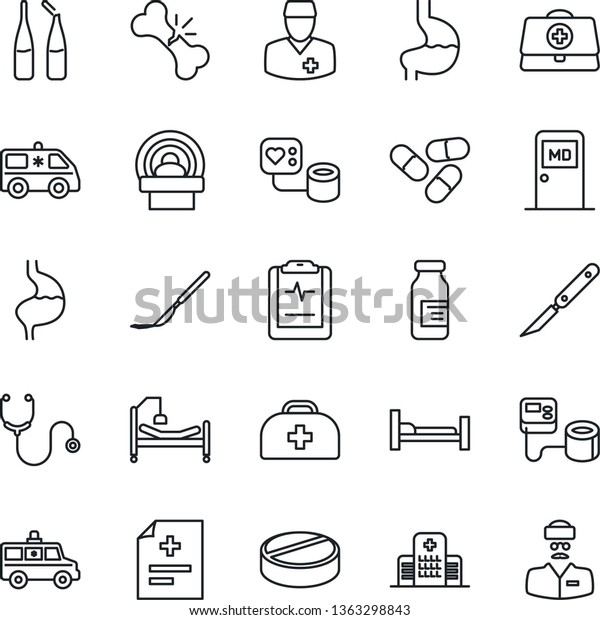 Thin Line Icon Set - medical room vector,\
doctor case, diagnosis, stethoscope, blood pressure, pills,\
ampoule, scalpel, tomography, ambulance car, hospital bed, stomach,\
broken bone, pulse\
clipboard