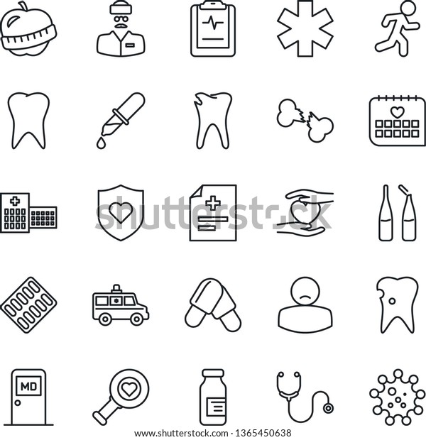 Thin Line Icon Set - medical room vector,\
diagnosis, stethoscope, dropper, heart diagnostic, pills, blister,\
ampoule, ambulance star, car, run, shield, hand, tooth, caries,\
broken bone, calendar