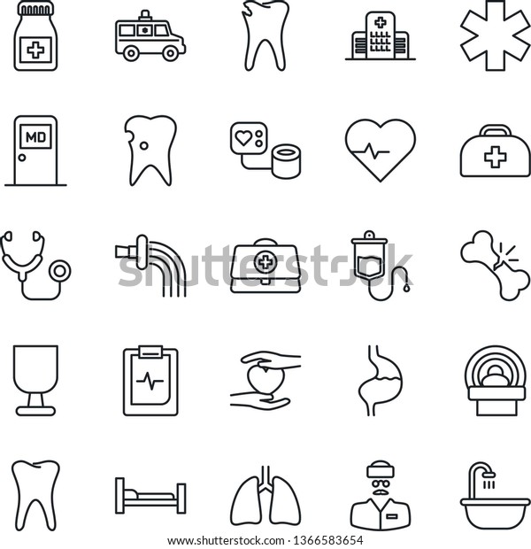 Thin Line Icon Set - medical room vector, watering,\
heart pulse, doctor case, stethoscope, blood pressure, dropper,\
pills bottle, tomography, ambulance star, car, hospital bed, hand,\
stomach, lungs