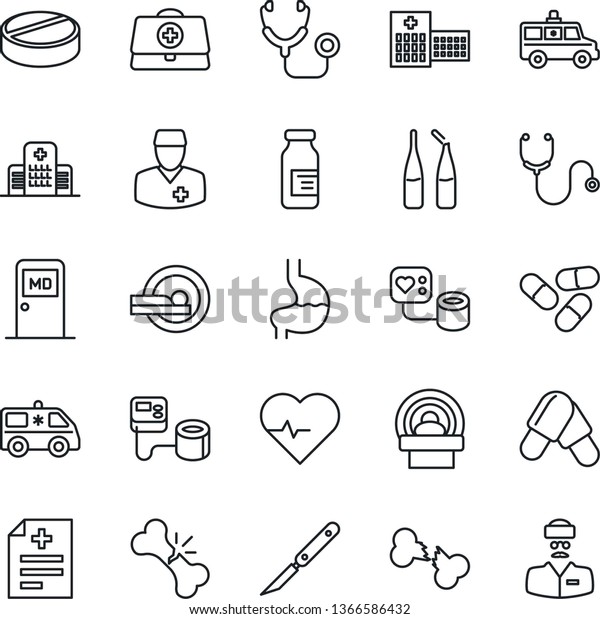 Thin Line Icon Set - medical room vector, heart\
pulse, doctor case, diagnosis, stethoscope, blood pressure, pills,\
ampoule, scalpel, tomography, ambulance car, stomach, broken bone,\
hospital