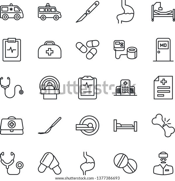 Thin Line Icon Set - medical room vector,\
doctor case, diagnosis, stethoscope, blood pressure, pills,\
scalpel, tomography, ambulance car, hospital bed, stomach, broken\
bone, pulse clipboard