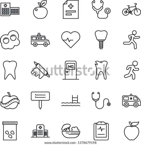 Thin Line Icon Set - medical room vector, plant\
label, seeds, heart pulse, diagnosis, stethoscope, ambulance car,\
bike, run, tooth, caries, implant, clipboard, diet, hospital, pool,\
salad, omelette